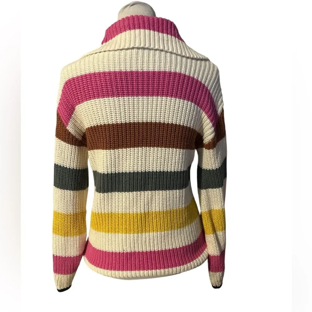 Women’s Chunky Knit Quarter Zip Colorful Striped Sweater Cotton Wool Blend Small